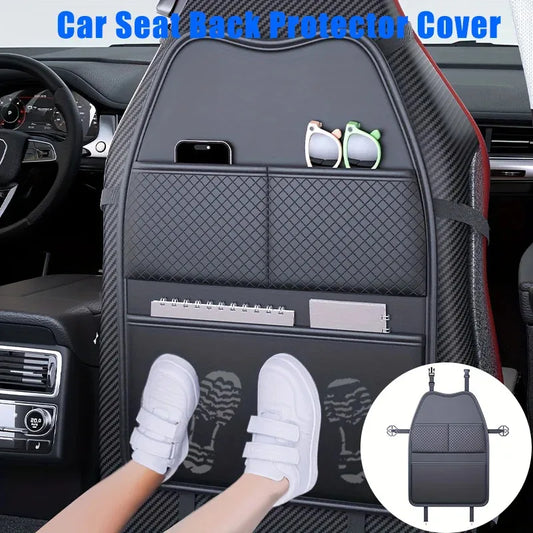 Premium PU Leather Car Seat Back Protector with Tablet Holder | Kick-Proof Backseat Organizer with Storage Pockets | Universal Fit