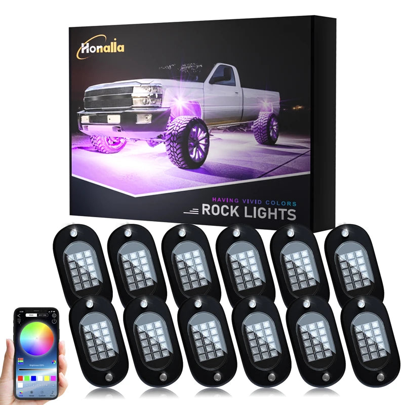 Honalia RGB LED Rock Lights Kit for Trucks, SUVs, ATV & UTV – Bluetooth App Control, IP68 Waterproof Multi-Color Underglow Lighting, 4/6/8/10/12 Pods