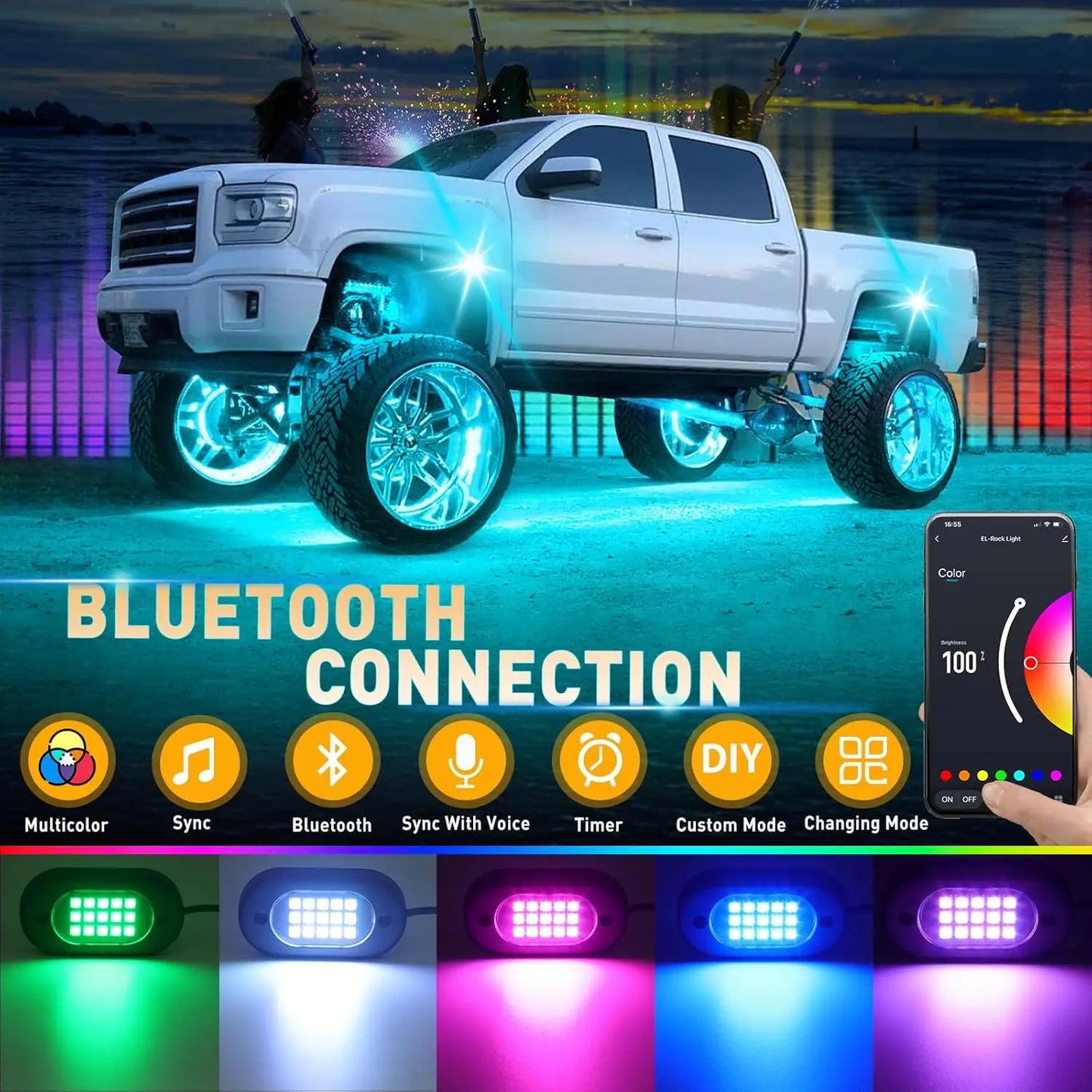 Honalia RGB LED Rock Lights Kit for Trucks, SUVs, ATV & UTV – Bluetooth App Control, IP68 Waterproof Multi-Color Underglow Lighting, 4/6/8/10/12 Pods