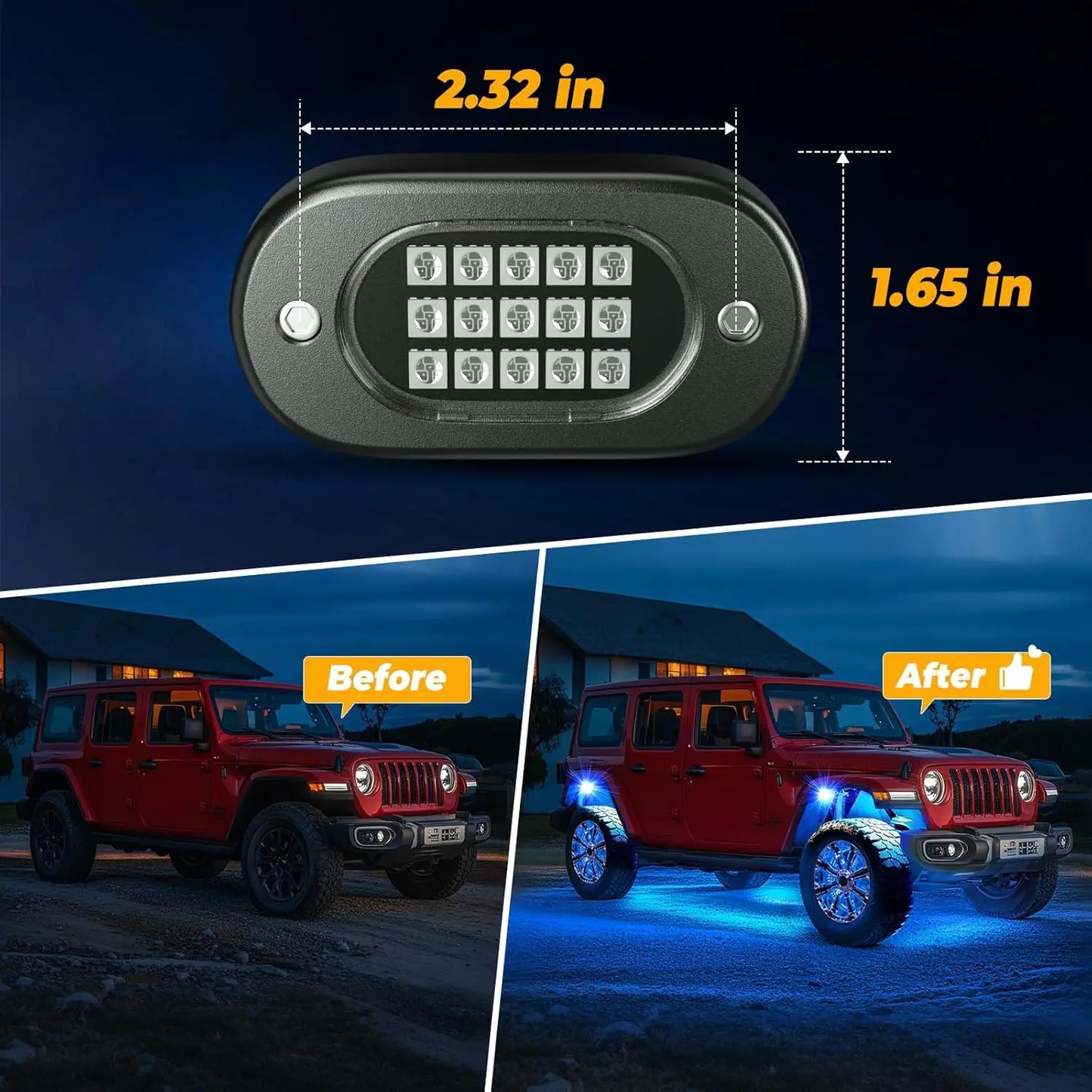 Honalia RGB LED Rock Lights Kit for Trucks, SUVs, ATV & UTV – Bluetooth App Control, IP68 Waterproof Multi-Color Underglow Lighting, 4/6/8/10/12 Pods
