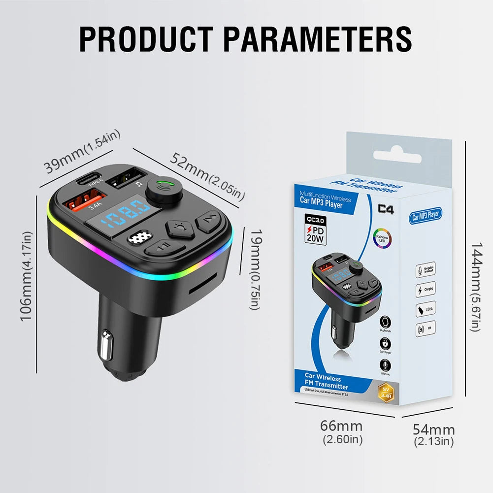 West Biking Bluetooth 5.3 Car FM Transmitter & MP3 Player with Hands-Free Calling, Fast USB Car Charger, TF Card & USB Drive Support