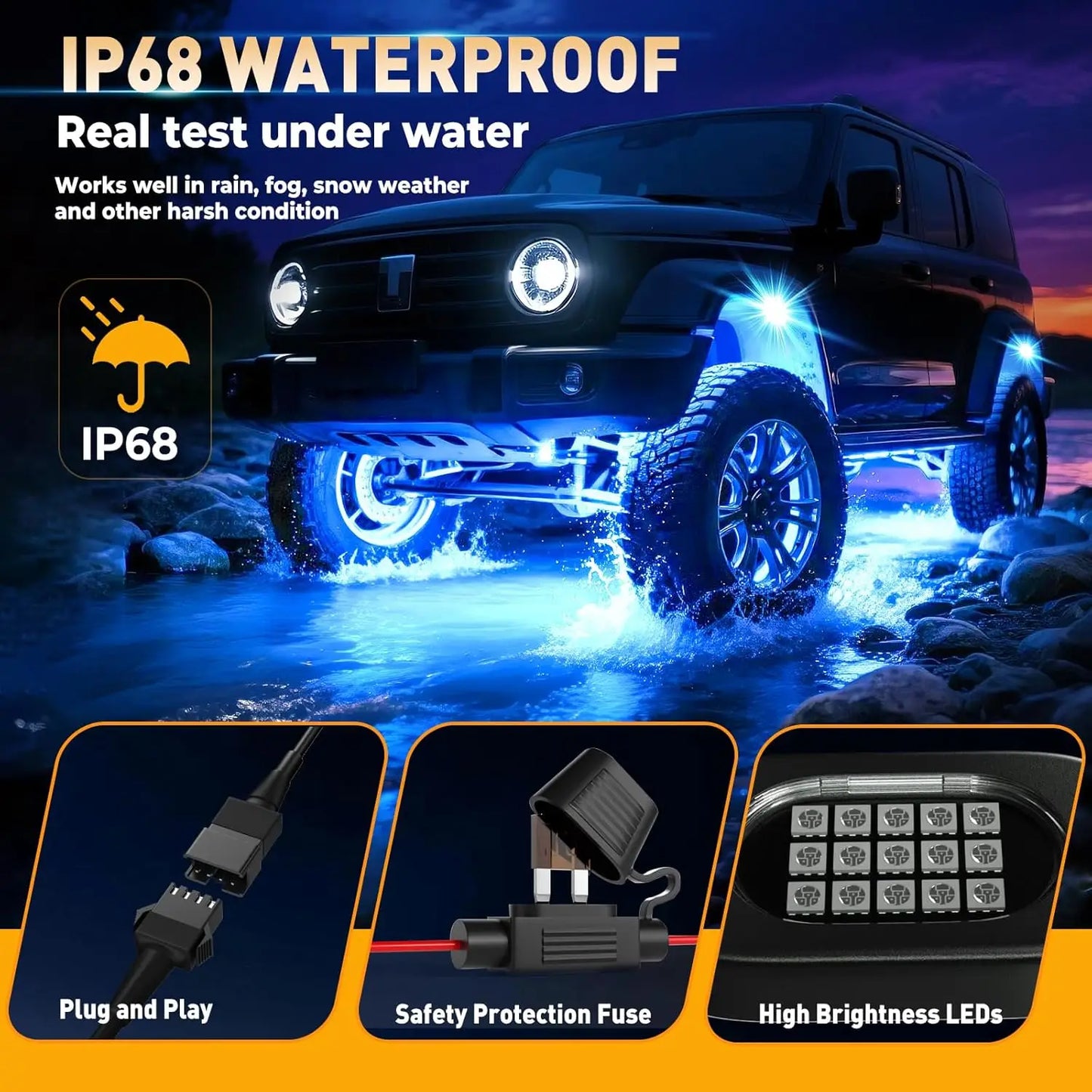 Honalia RGB LED Rock Lights Kit for Trucks, SUVs, ATV & UTV – Bluetooth App Control, IP68 Waterproof Multi-Color Underglow Lighting, 4/6/8/10/12 Pods