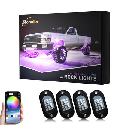 Honalia RGB LED Rock Lights Kit for Trucks, SUVs, ATV & UTV – Bluetooth App Control, IP68 Waterproof Multi-Color Underglow Lighting, 4/6/8/10/12 Pods