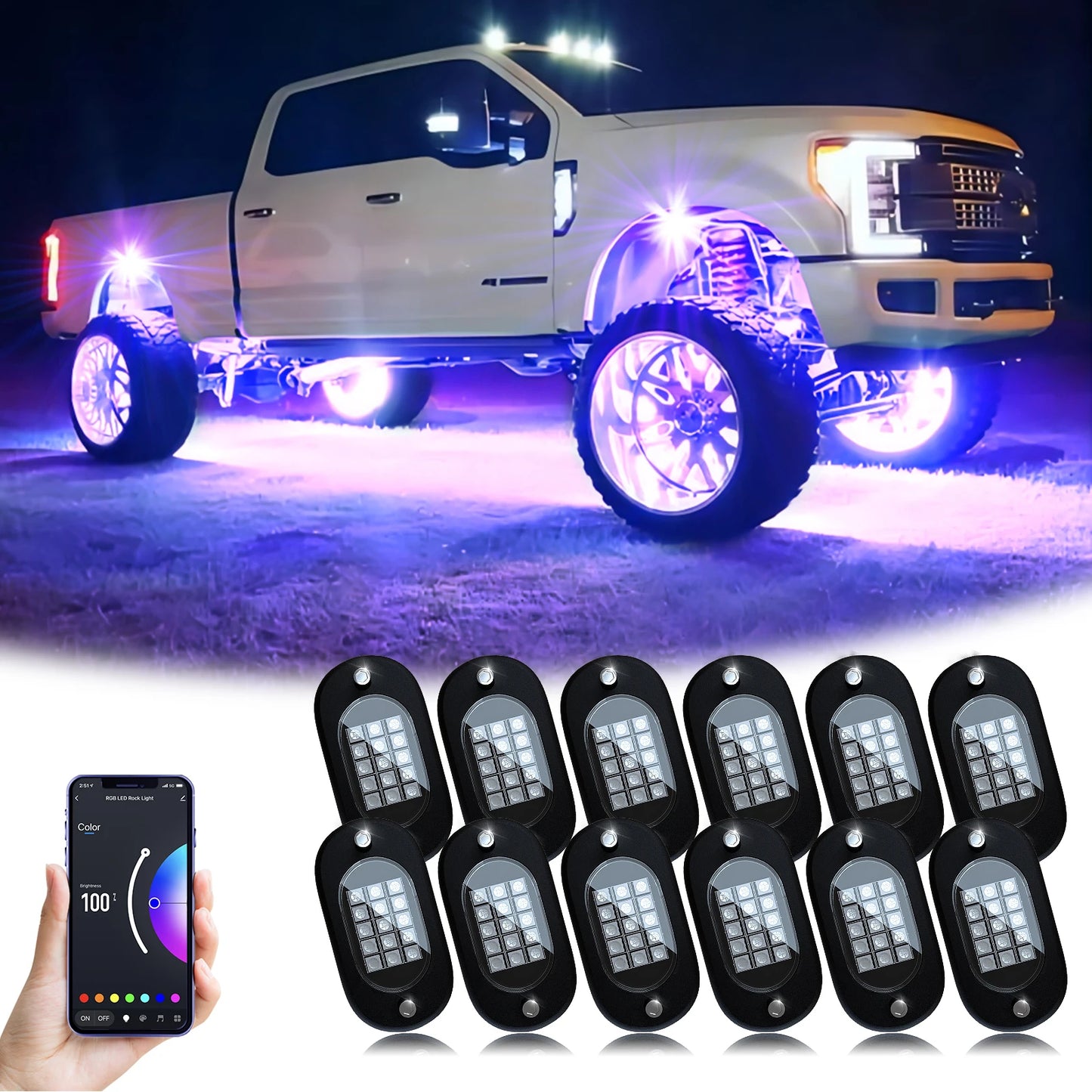 Honalia RGB LED Rock Lights Kit for Trucks, SUVs, ATV & UTV – Bluetooth App Control, IP68 Waterproof Multi-Color Underglow Lighting, 4/6/8/10/12 Pods
