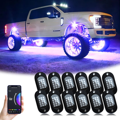 Honalia RGB LED Rock Lights Kit for Trucks, SUVs, ATV & UTV – Bluetooth App Control, IP68 Waterproof Multi-Color Underglow Lighting, 4/6/8/10/12 Pods