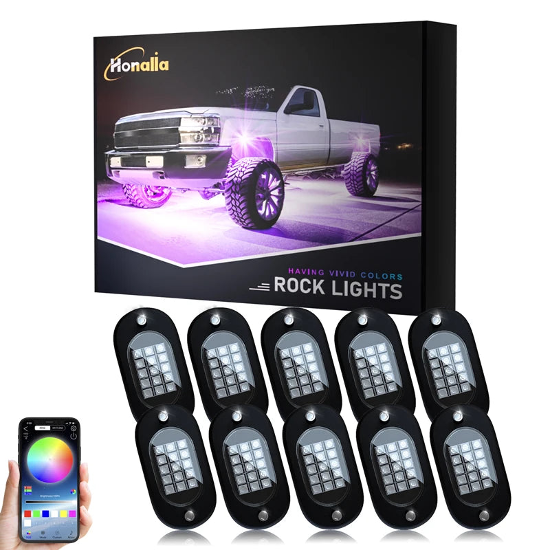 Honalia RGB LED Rock Lights Kit for Trucks, SUVs, ATV & UTV – Bluetooth App Control, IP68 Waterproof Multi-Color Underglow Lighting, 4/6/8/10/12 Pods