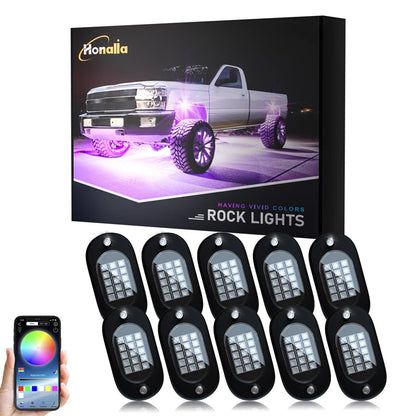 Honalia RGB LED Rock Lights Kit for Trucks, SUVs, ATV & UTV – Bluetooth App Control, IP68 Waterproof Multi-Color Underglow Lighting, 4/6/8/10/12 Pods