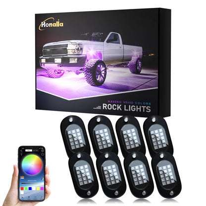 Honalia RGB LED Rock Lights Kit for Trucks, SUVs, ATV & UTV – Bluetooth App Control, IP68 Waterproof Multi-Color Underglow Lighting, 4/6/8/10/12 Pods