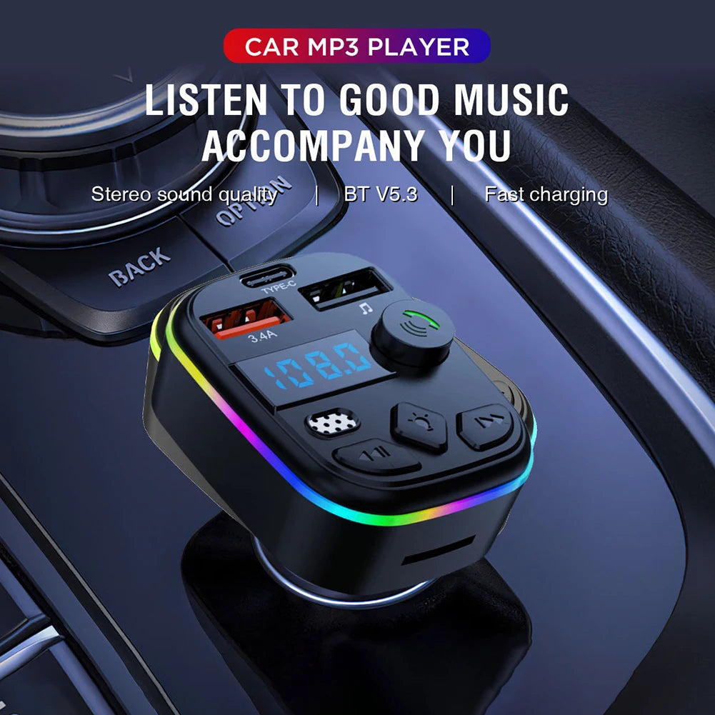 West Biking Bluetooth 5.3 Car FM Transmitter & MP3 Player with Hands-Free Calling, Fast USB Car Charger, TF Card & USB Drive Support