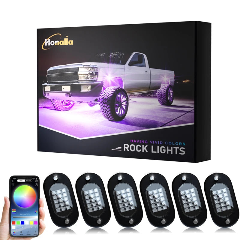 Honalia RGB LED Rock Lights Kit for Trucks, SUVs, ATV & UTV – Bluetooth App Control, IP68 Waterproof Multi-Color Underglow Lighting, 4/6/8/10/12 Pods