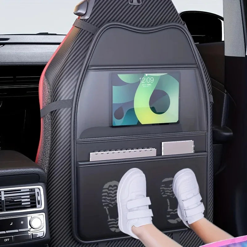 Premium PU Leather Car Seat Back Protector with Tablet Holder | Kick-Proof Backseat Organizer with Storage Pockets | Universal Fit
