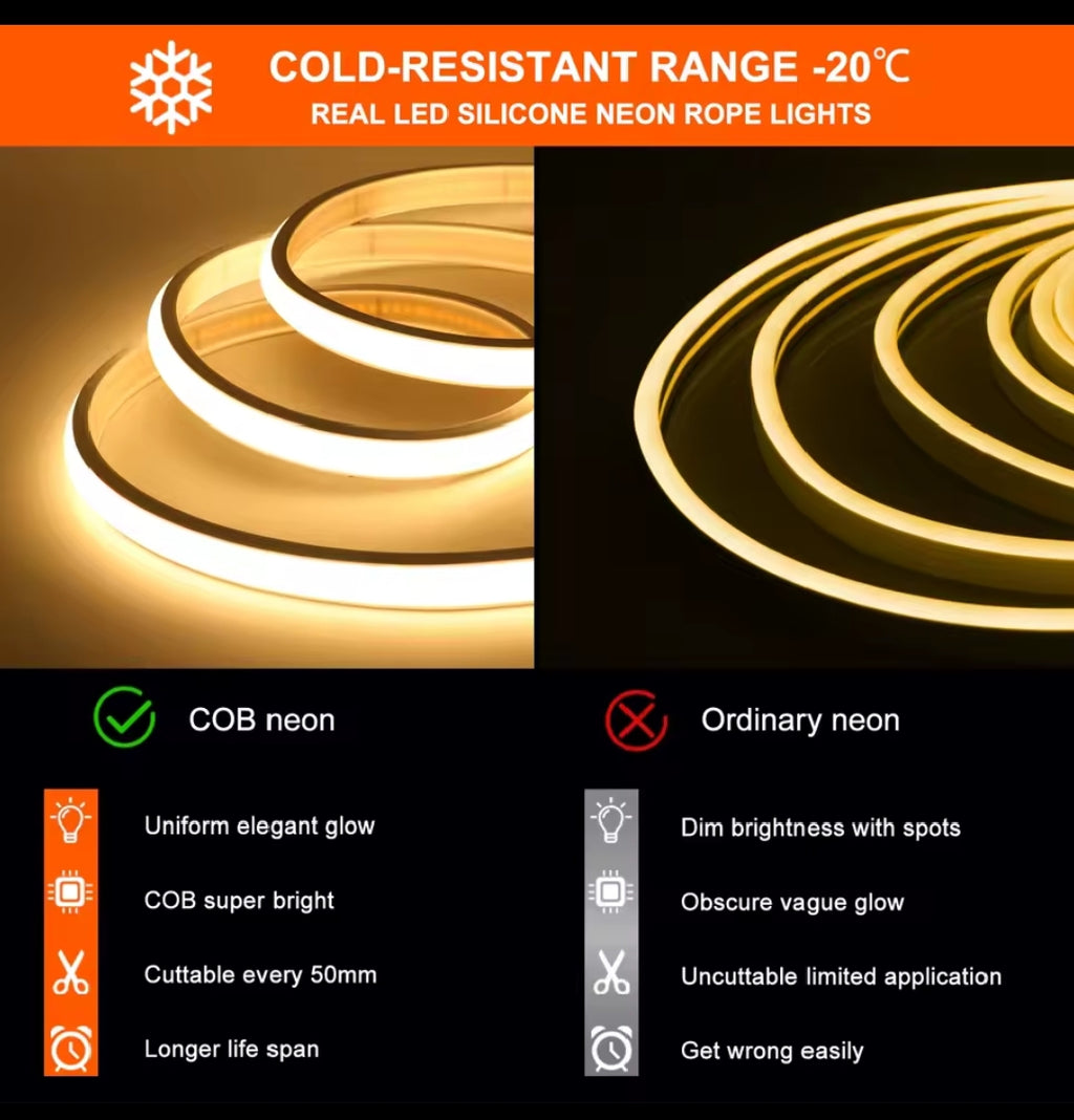 💡 Flexible COB LED Strip Lights (Waterproof)
Upgrade your space with high-quality COB LED strip lighting, designed for modern home decoration and creative lighting setups.